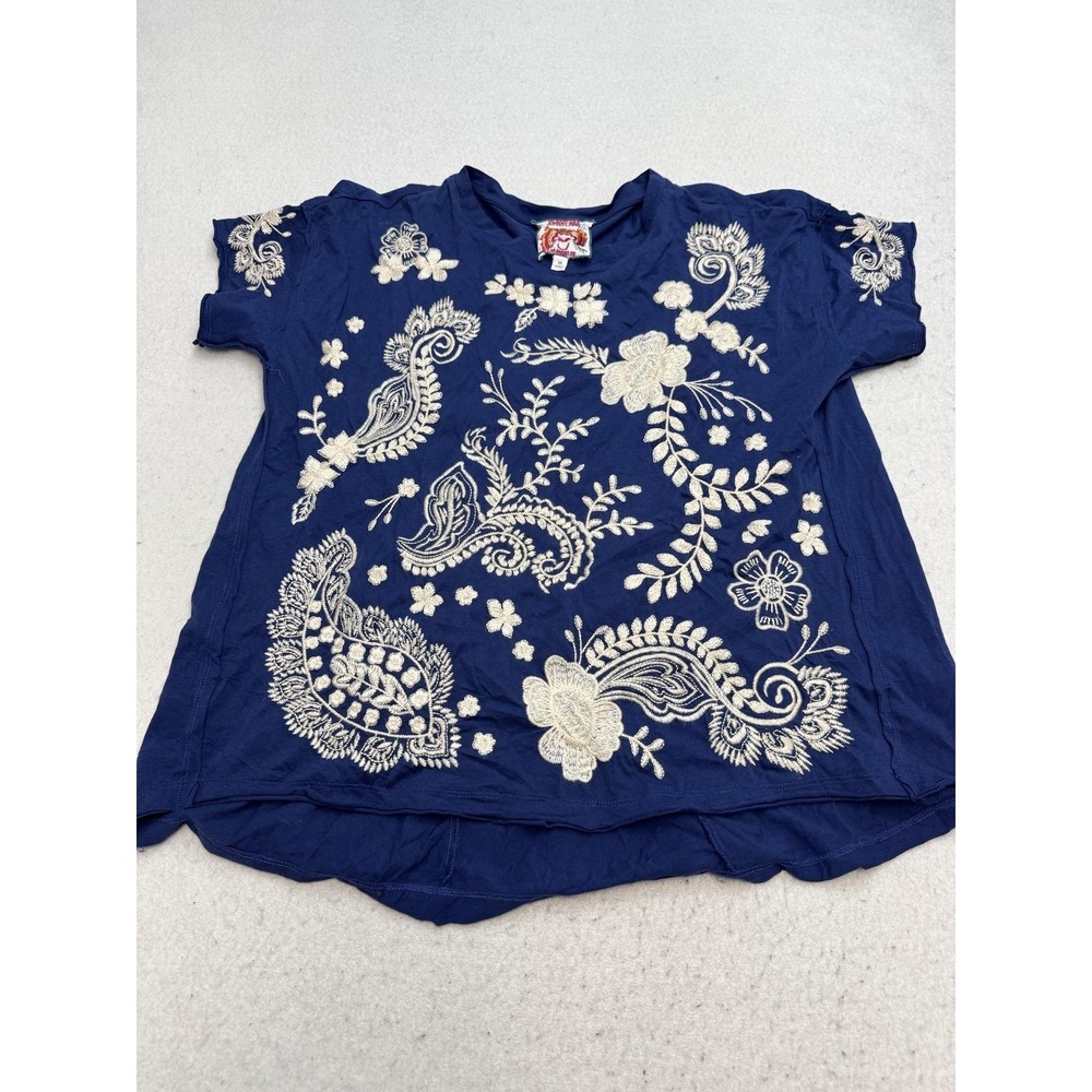 Johnny Was Shirt Womens XS Blue Embroidered Paisley Tunic Top Boho Cotton Tee
